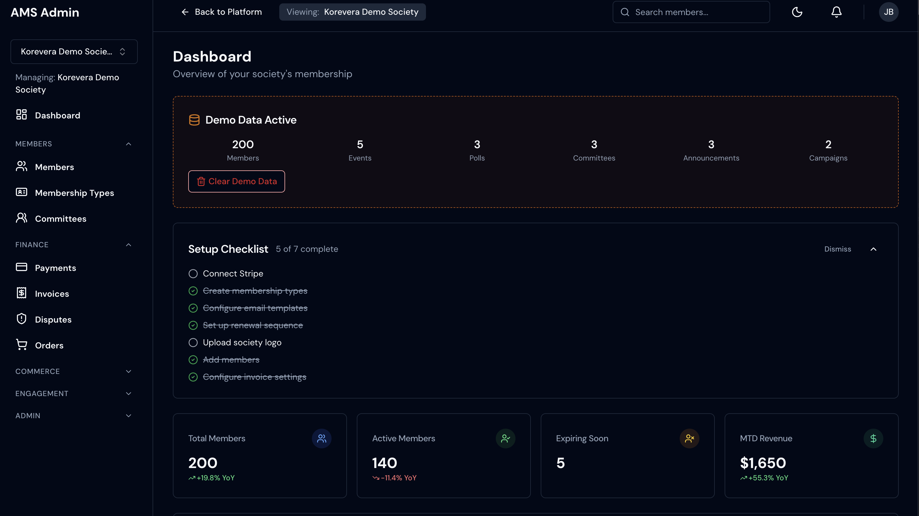 Korevera association management dashboard showing member statistics, setup checklist, and society overview